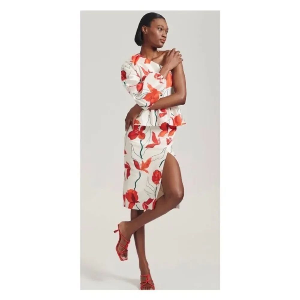 Anthropologie Hutch One-Shoulder Peplum Dress Size 0 Floral Red and White - Picture 2 of 13